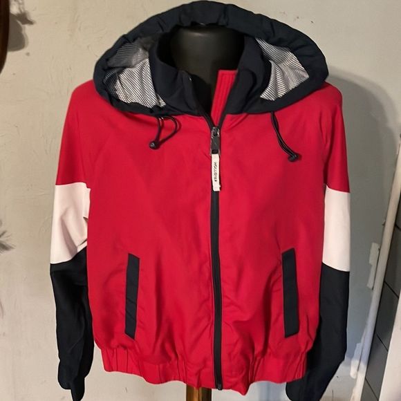 Medium Hollister red blue white long sleeve removable hood lined jacket coat - Picture 3 of 13